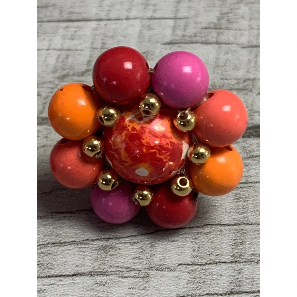 Vintage Multi Color Beaded Cluster Clip On Earrings Red Orange Pink Gold Tone